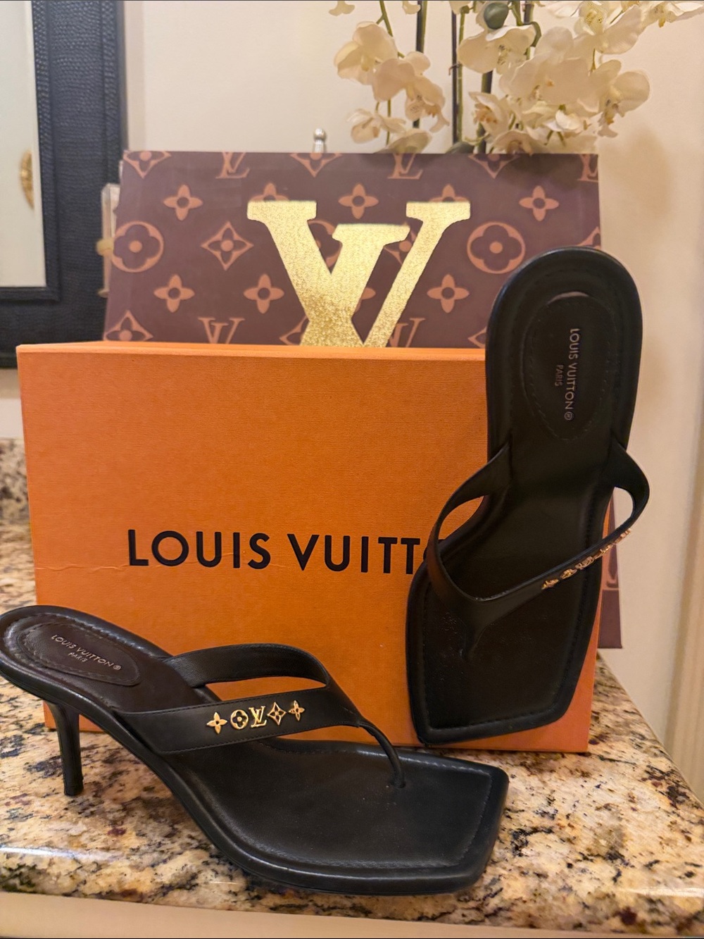 Louis Vuitton Black Leather Monogram Thong Heels with Gold Accents